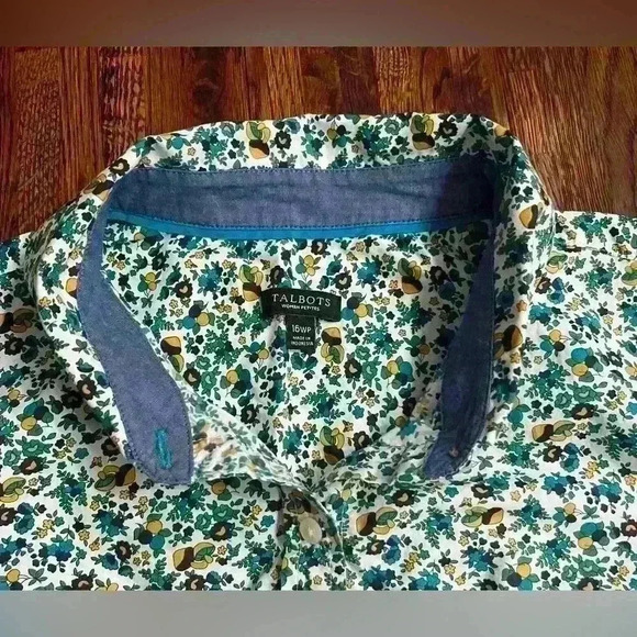 TALBOTS Ditsy Floral Mushroom Button Down Shirt in Blue/Green/Yellow - Picture 8 of 9